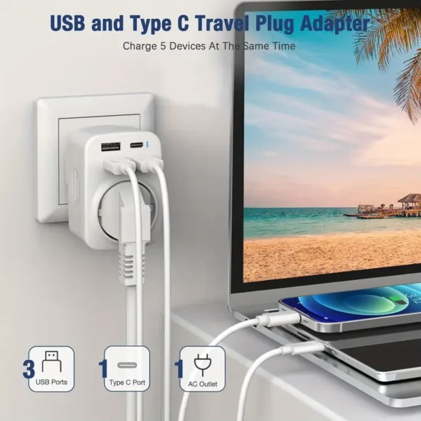 5 in 1 UK Power Adapter with 3 USB A Ports